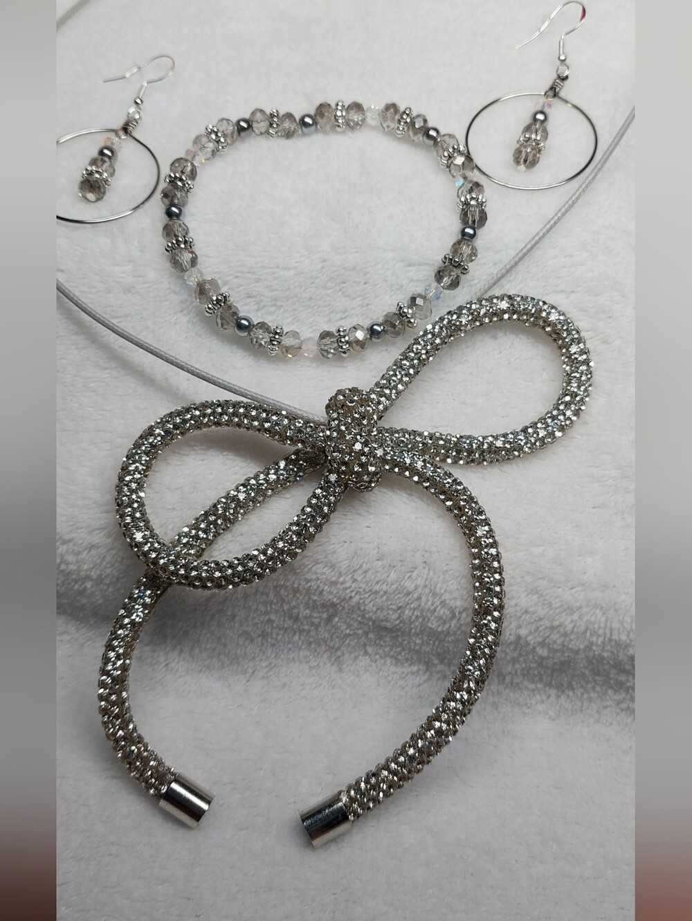 Silver Crystal Bow Pendant Necklace with Matching Bracelet and Earrings